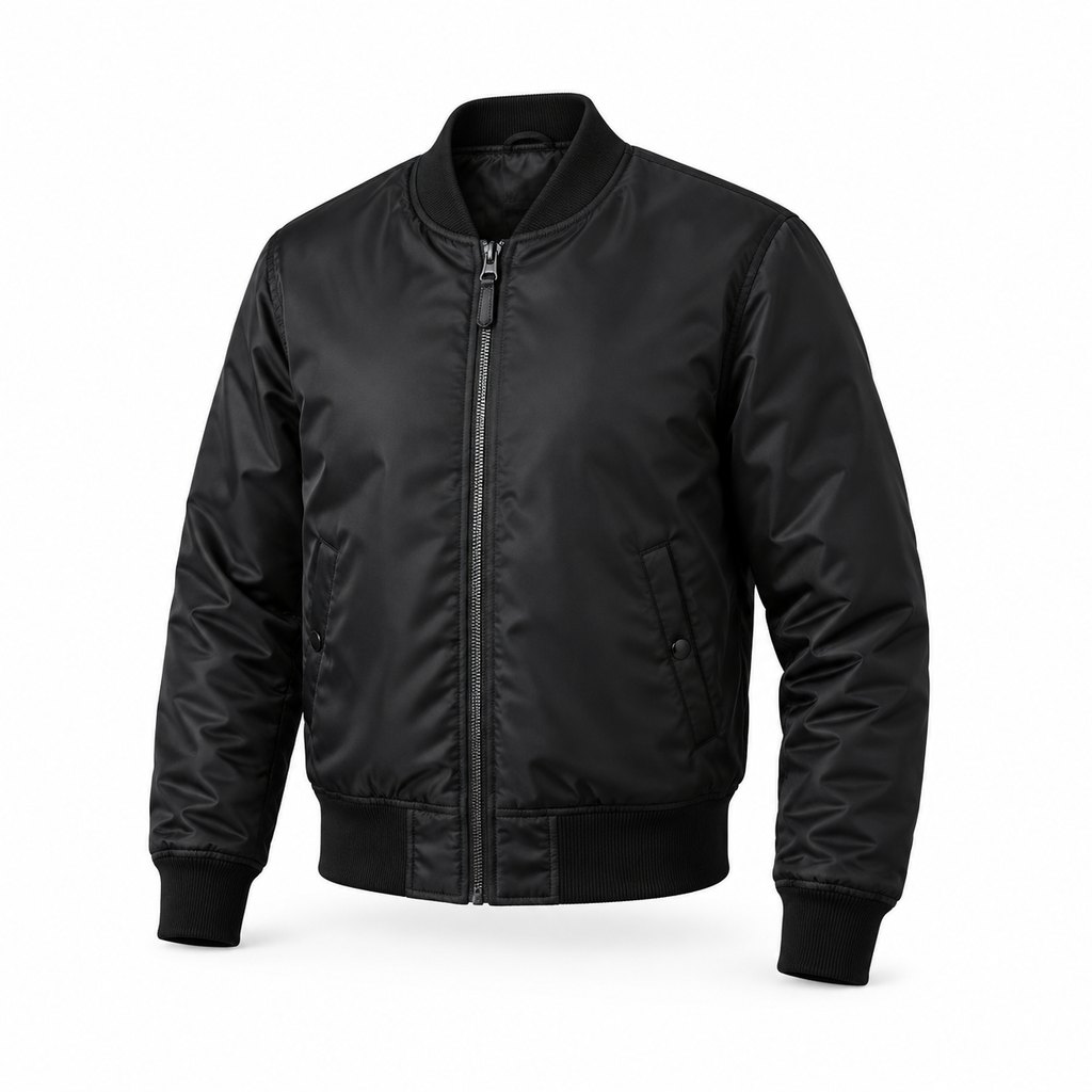 Black MA-1 bomber jacket worn by a model, front view