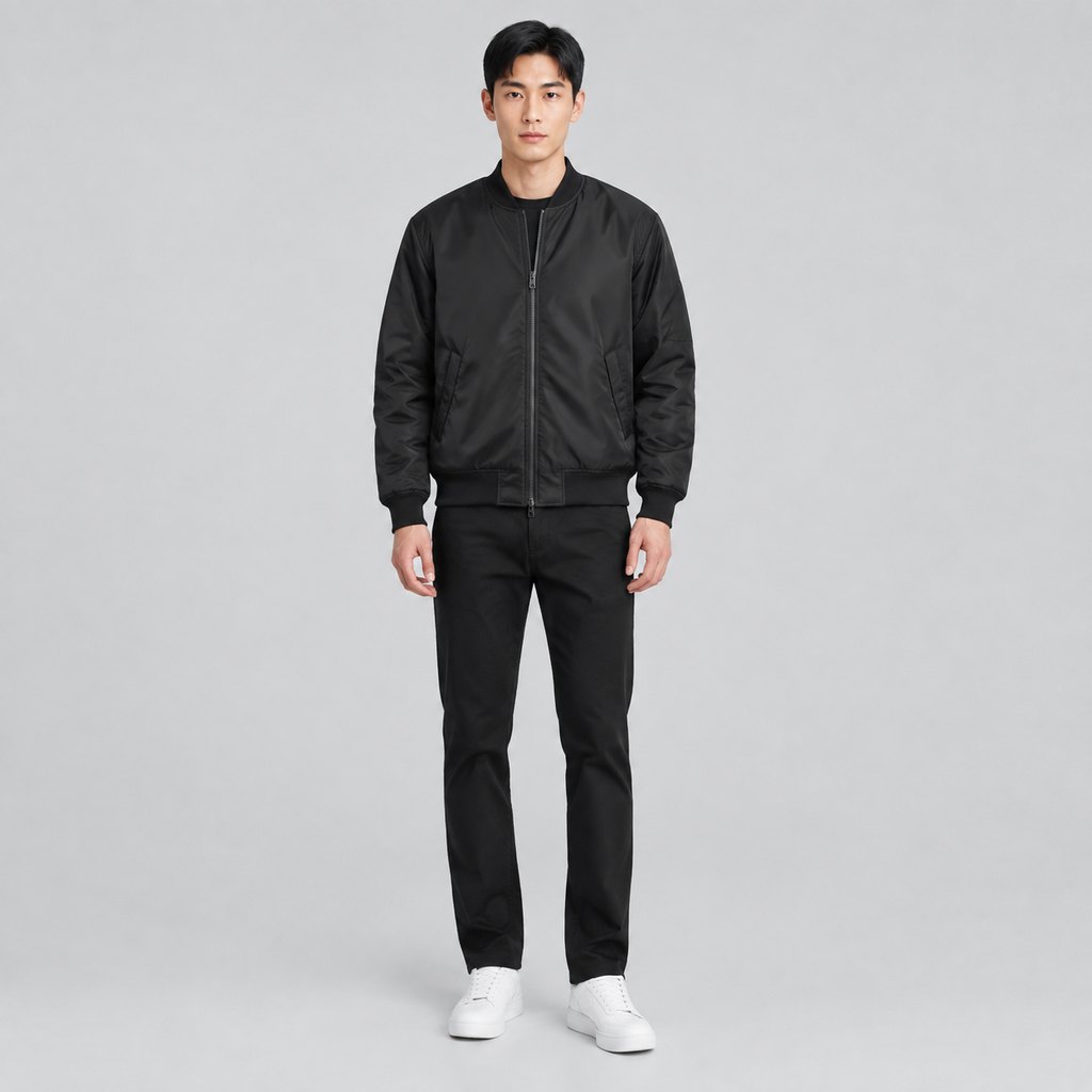 Black MA-1 bomber jacket worn by a model, front view — view 2