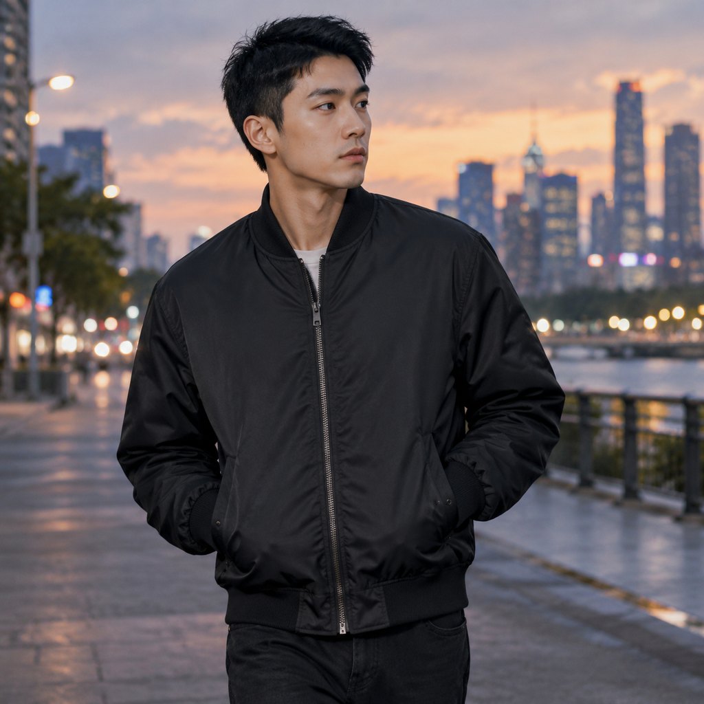 Black MA-1 bomber jacket worn by a model, front view — view 6