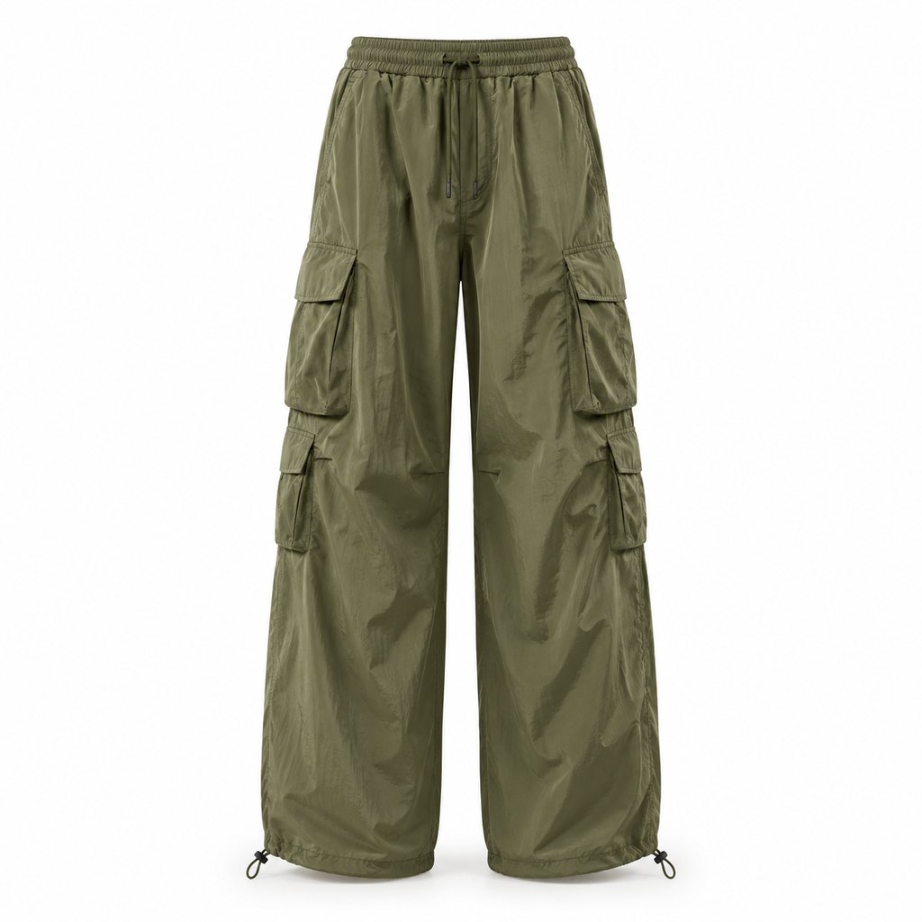 Olive cargo parachute pants worn by a model, front view