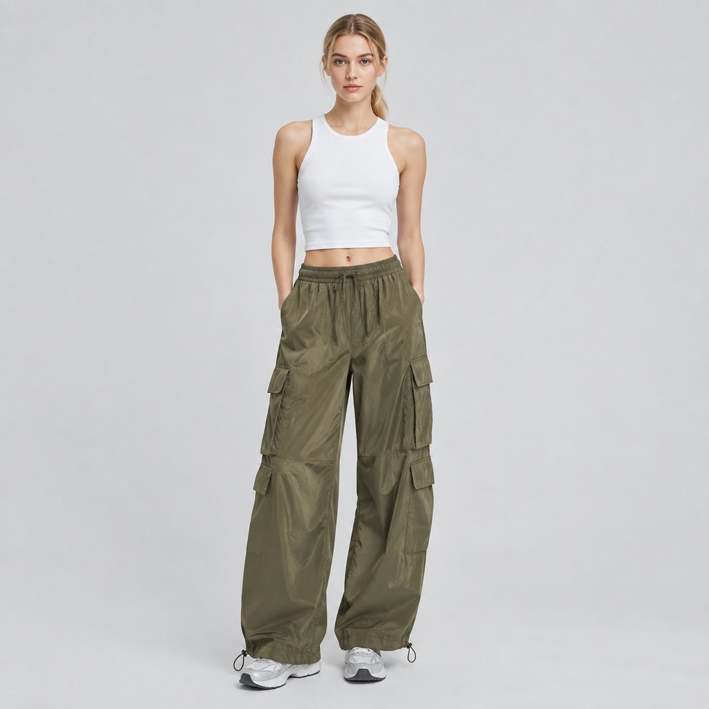Olive cargo parachute pants worn by a model, front view — view 2