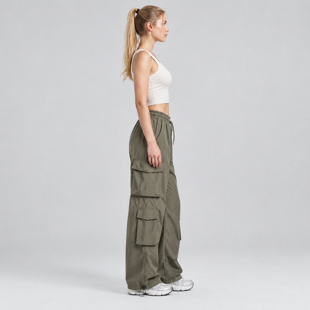 Olive cargo parachute pants worn by a model, front view — view 3