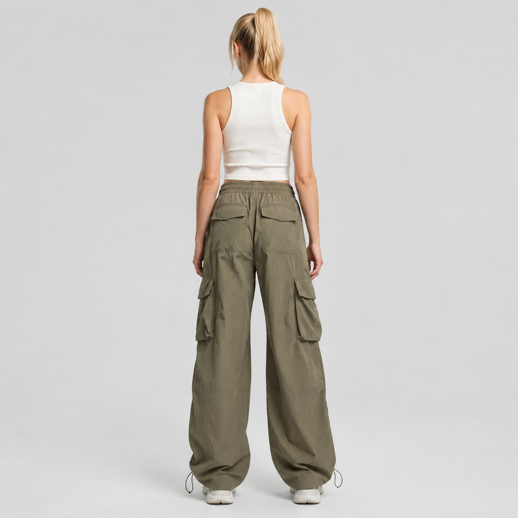 Olive cargo parachute pants worn by a model, front view — view 4
