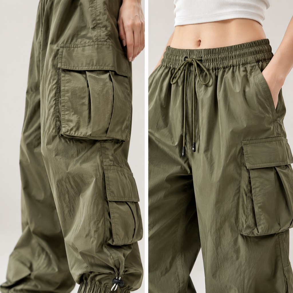Olive cargo parachute pants worn by a model, front view — view 5