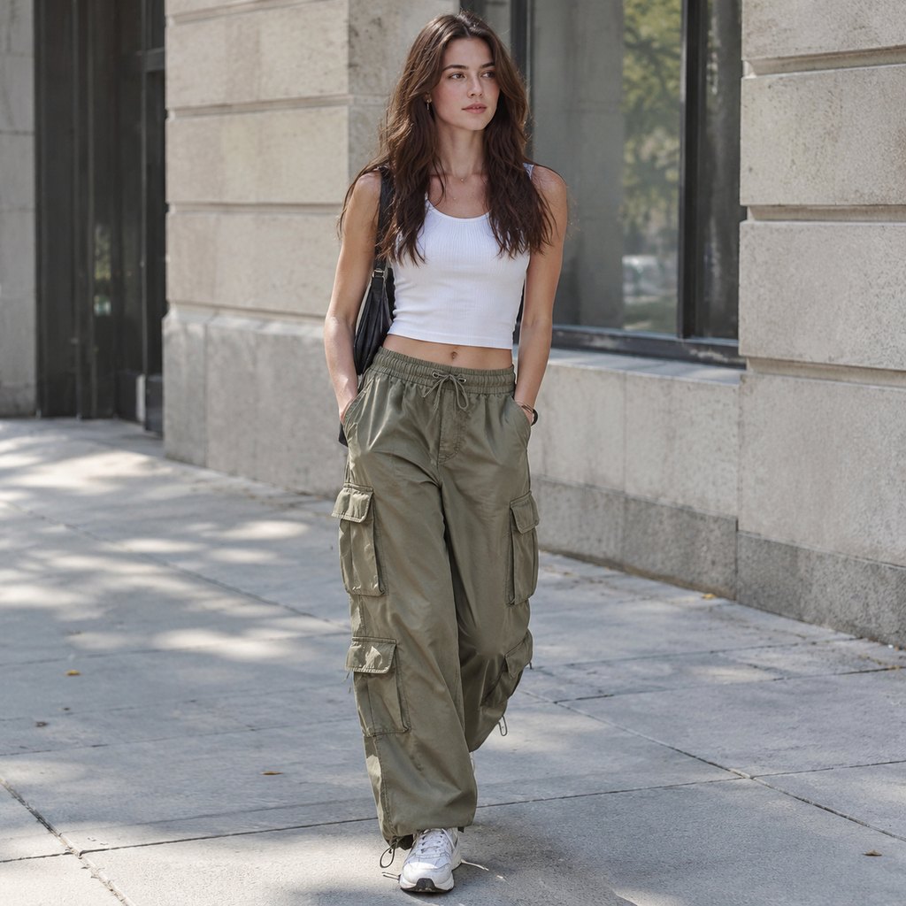 Olive cargo parachute pants worn by a model, front view — view 6