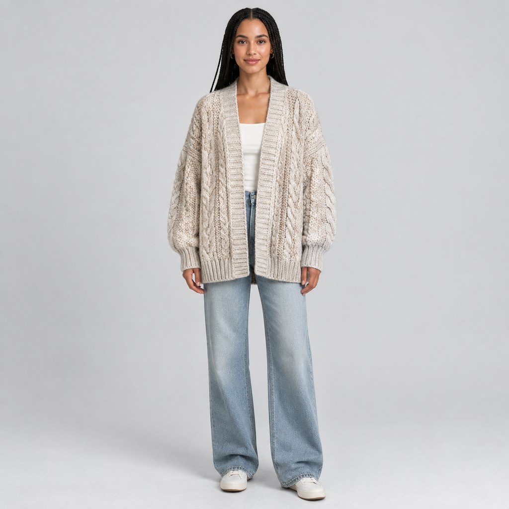 Oatmeal chunky knit cardigan worn by a model, front view — view 2