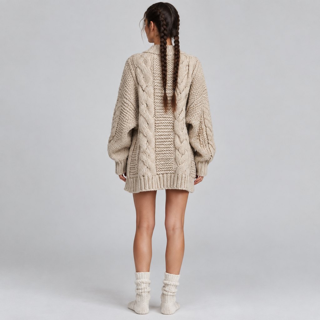 Oatmeal chunky knit cardigan worn by a model, front view — view 4