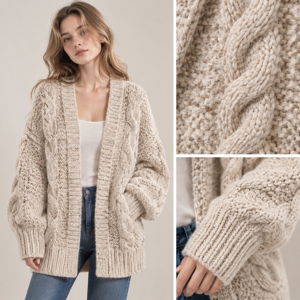 Oatmeal chunky knit cardigan worn by a model, front view — view 5