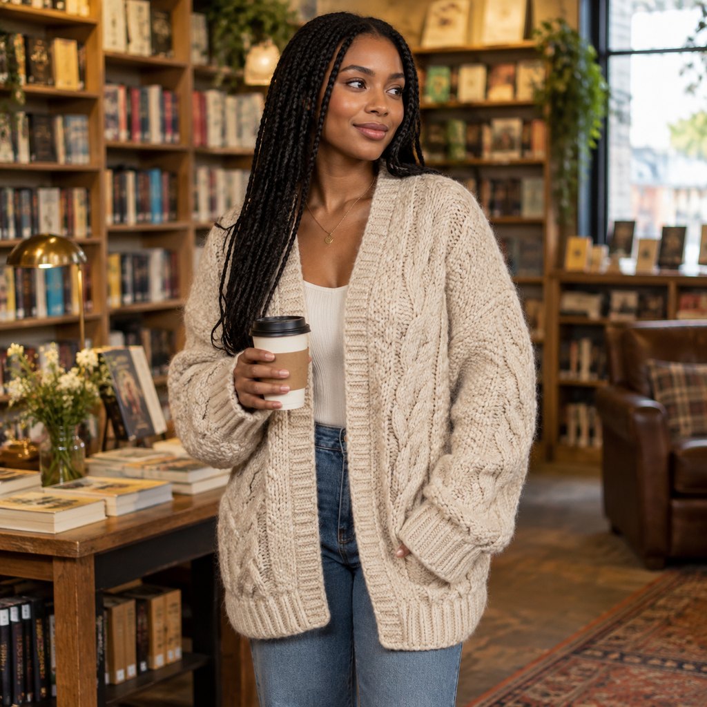 Oatmeal chunky knit cardigan worn by a model, front view — view 6