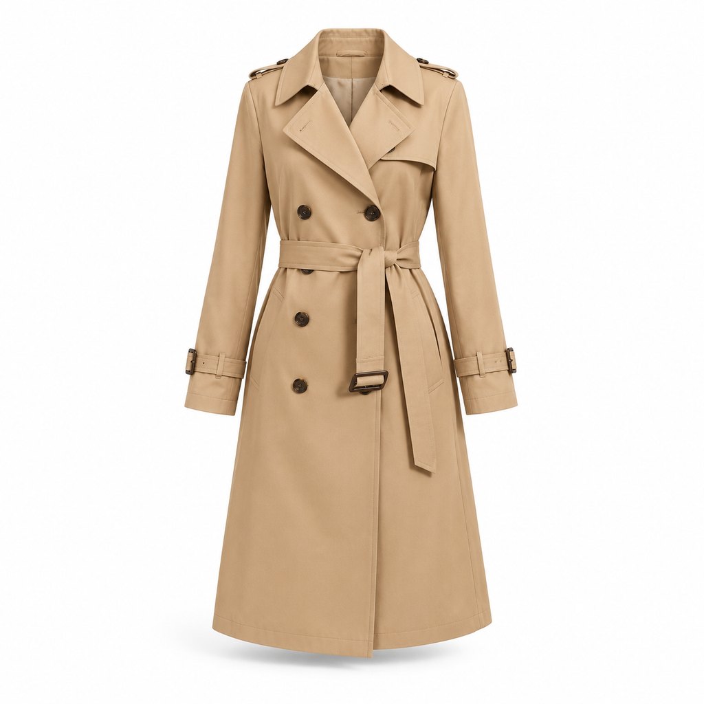 Classic belted trench coat in camel worn by a model, front view