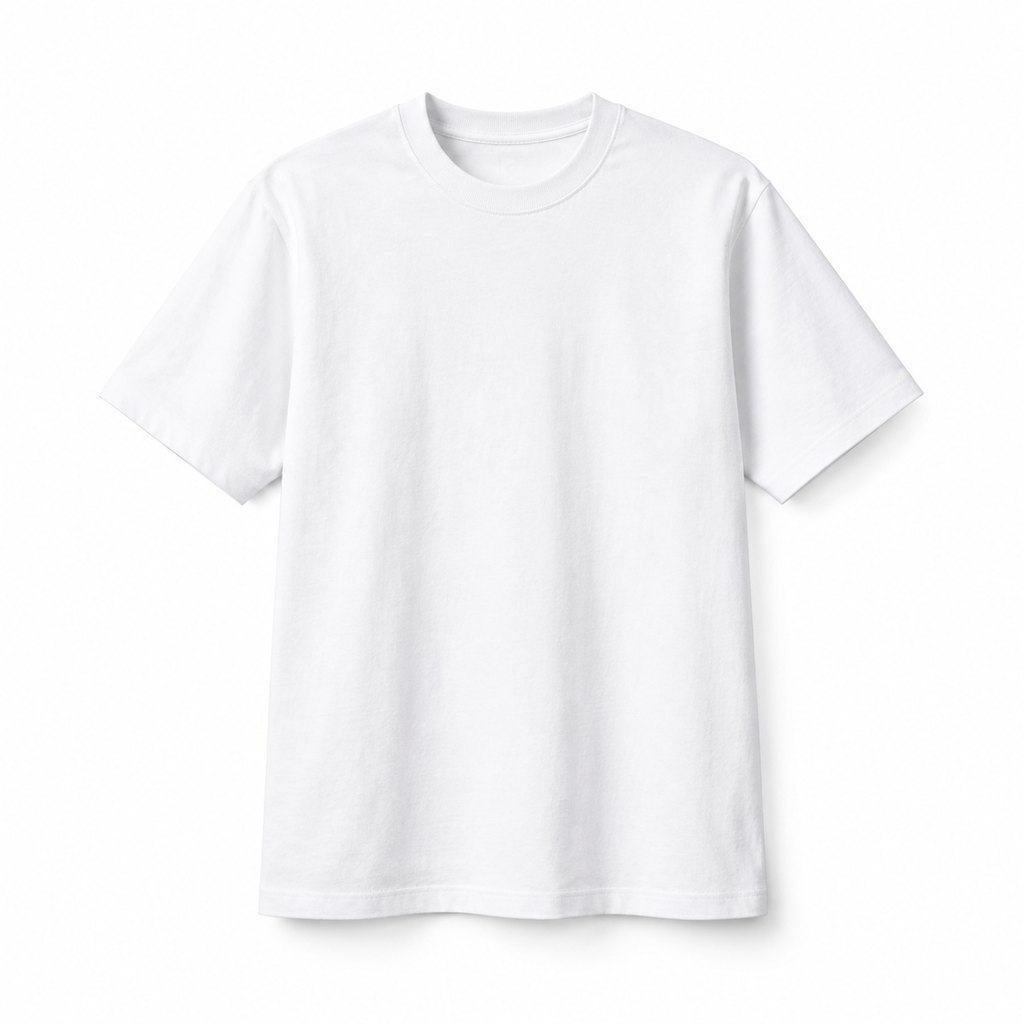 White heavyweight cotton basic t-shirt worn by a model, front view