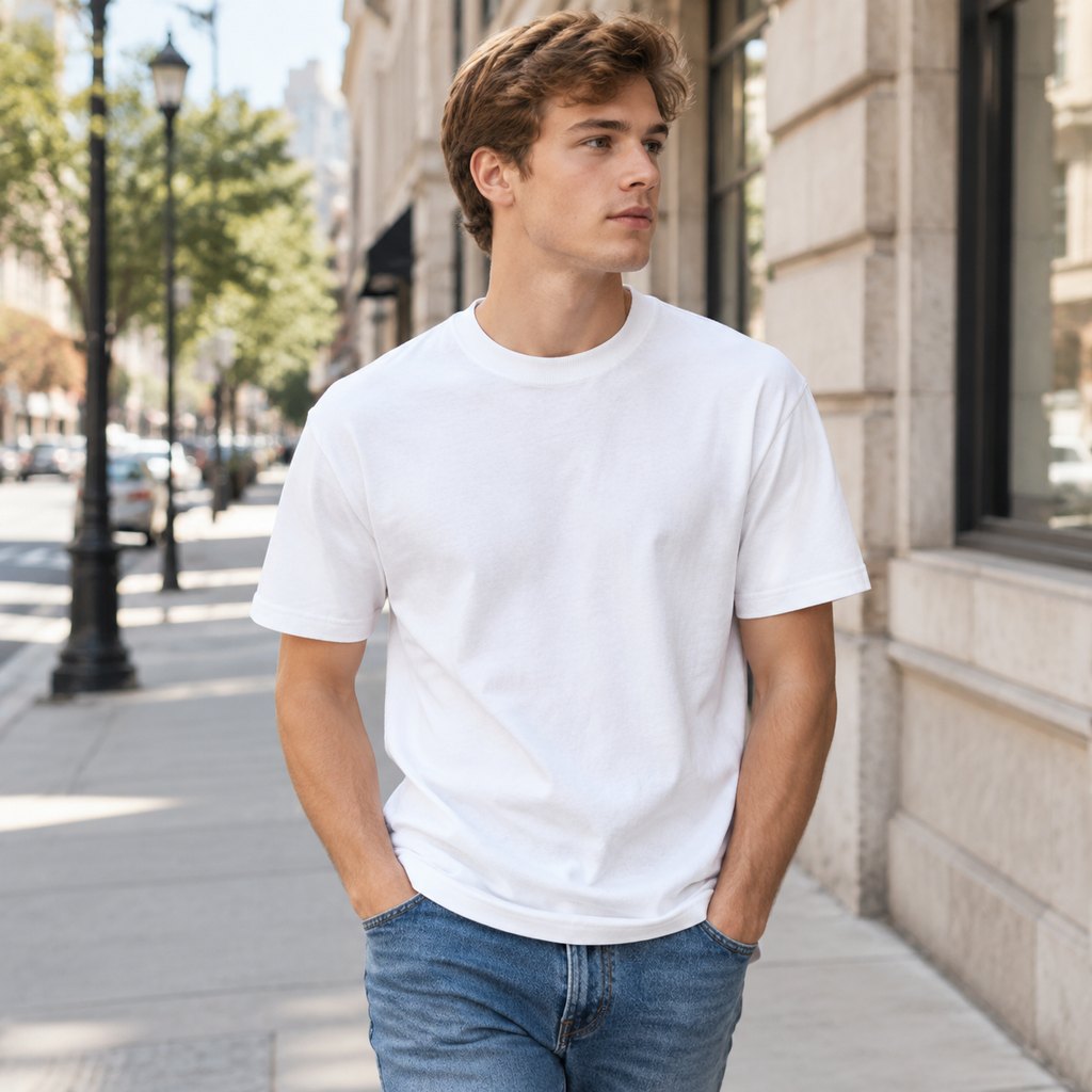 White heavyweight cotton basic t-shirt worn by a model, front view — view 6