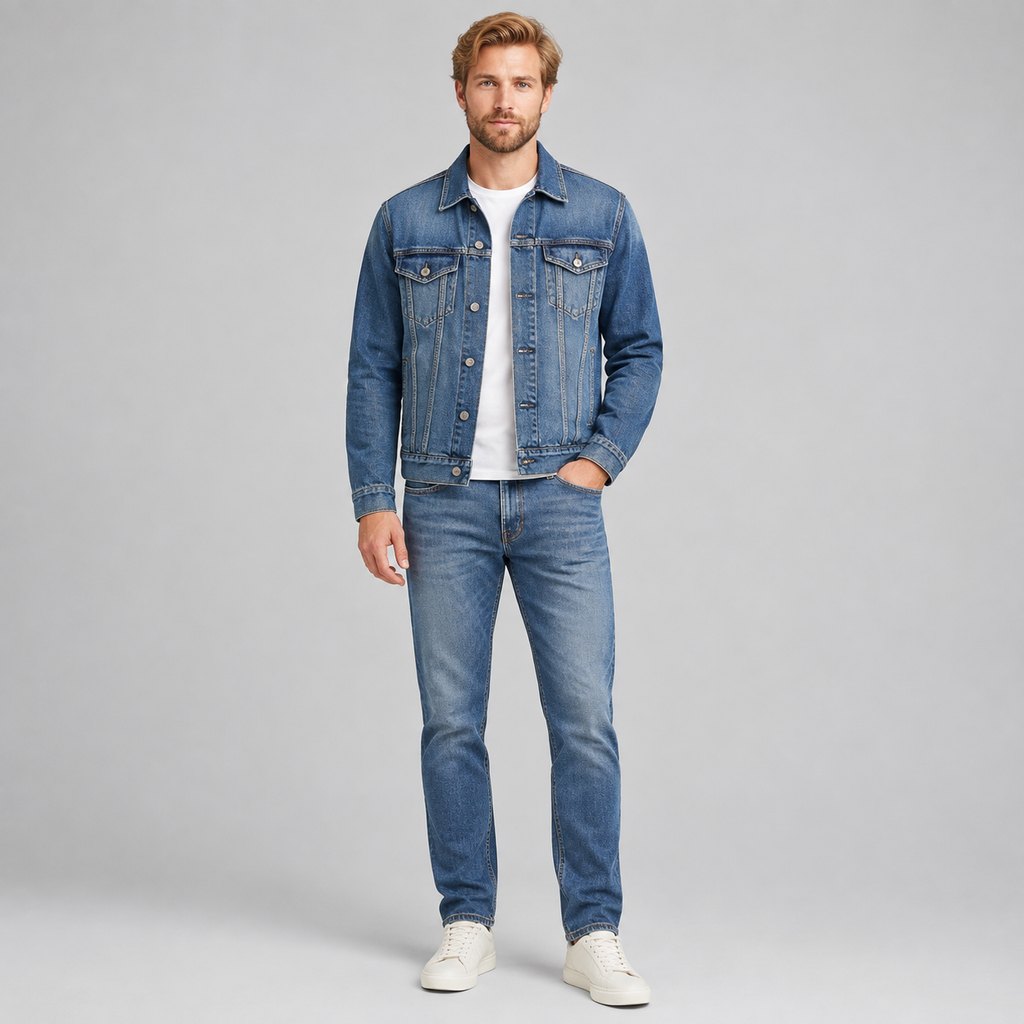 Indigo denim trucker jacket worn by a model, front view — view 2
