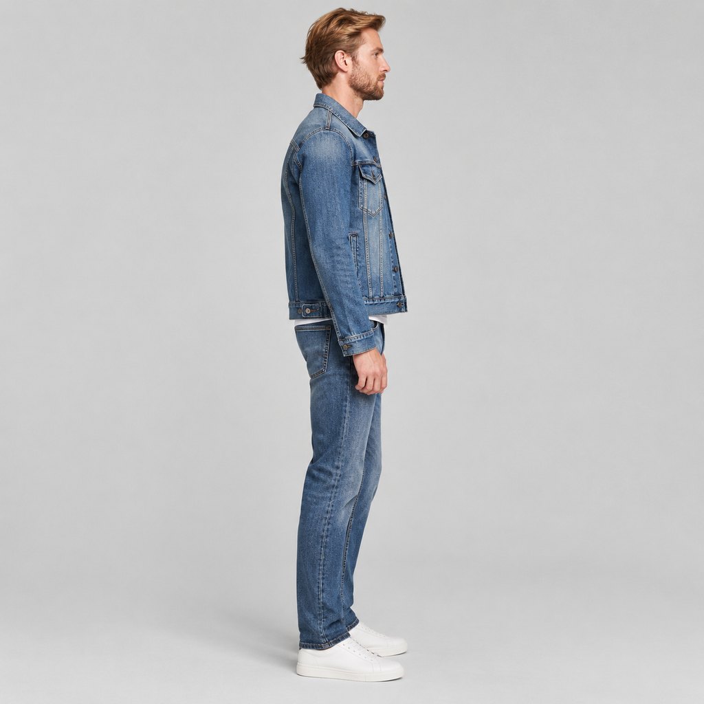 Indigo denim trucker jacket worn by a model, front view — view 3