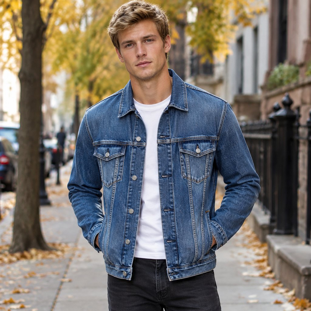 Indigo denim trucker jacket worn by a model, front view — view 6