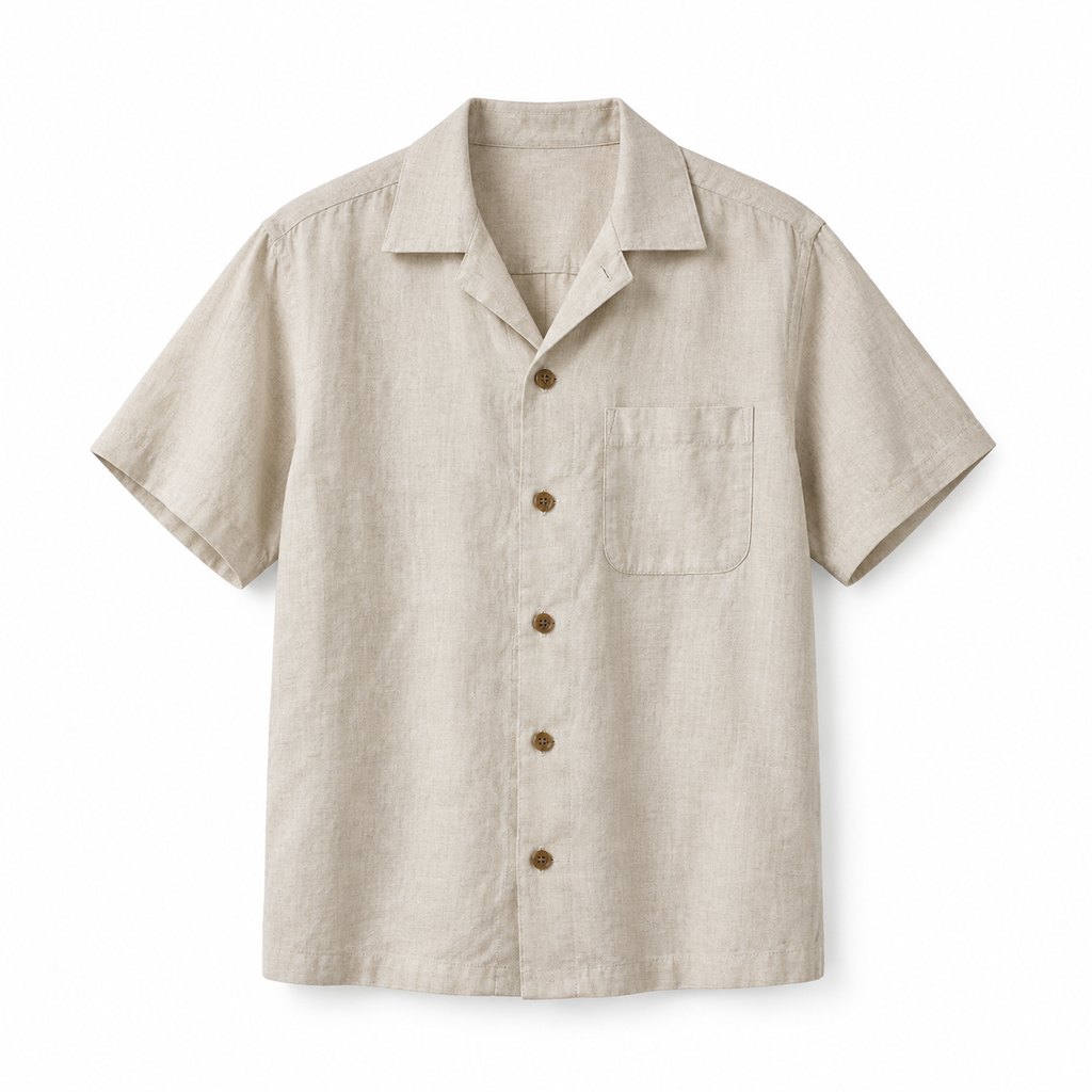 Beige linen camp collar shirt worn by a model, front view