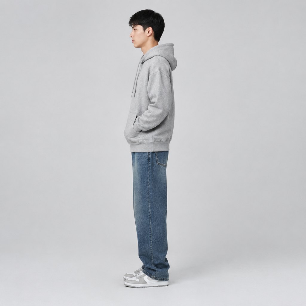 Heather grey fleece hoodie worn by a model, front view — view 3