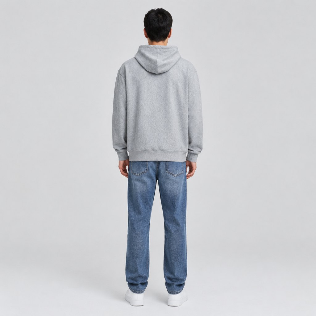 Heather grey fleece hoodie worn by a model, front view — view 4