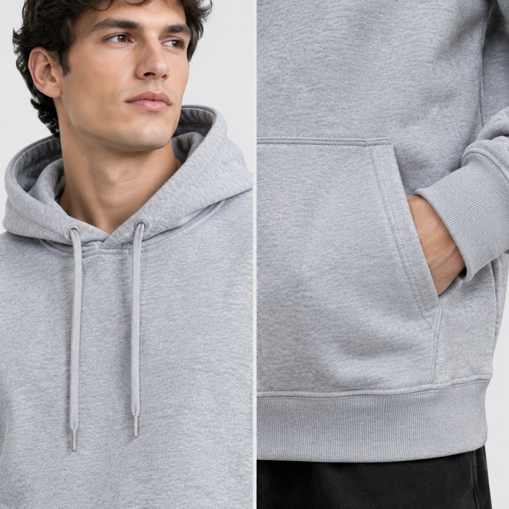 Heather grey fleece hoodie worn by a model, front view — view 5
