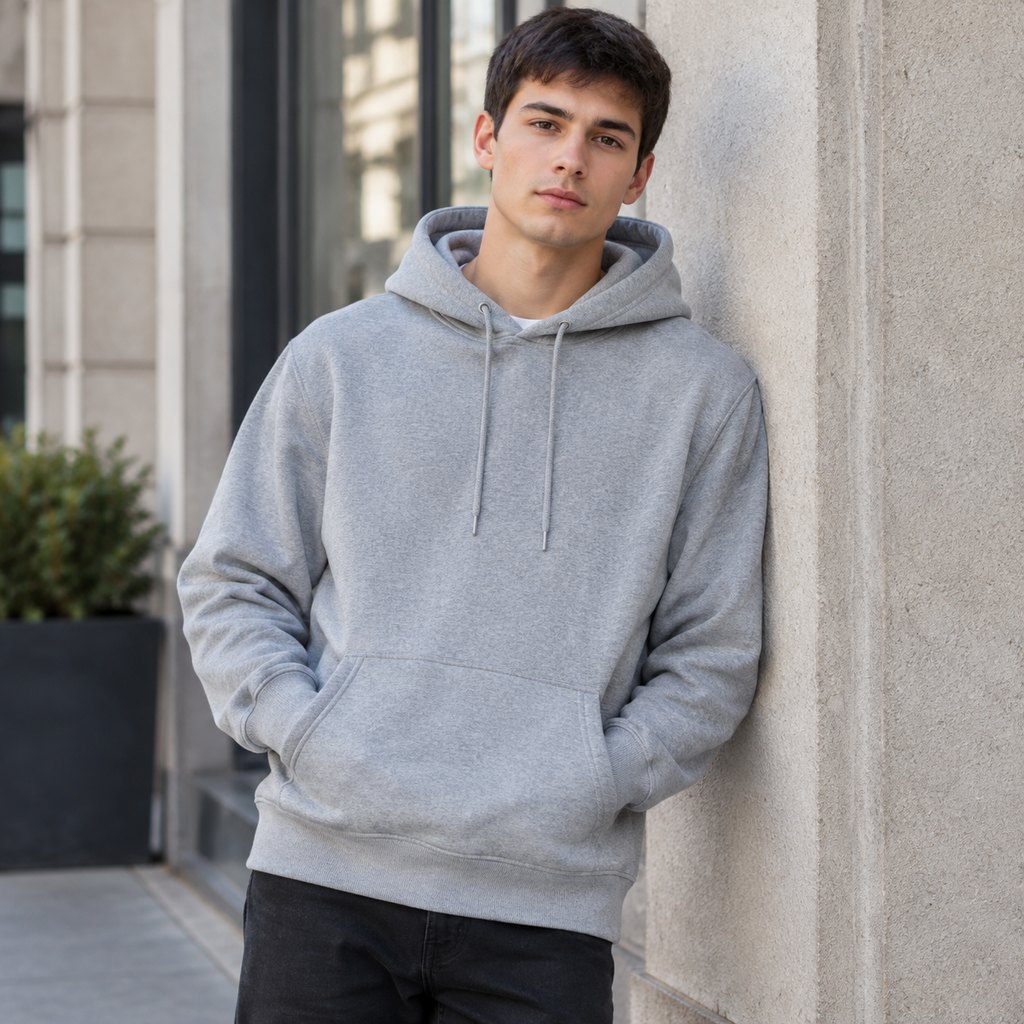 Heather grey fleece hoodie worn by a model, front view — view 6