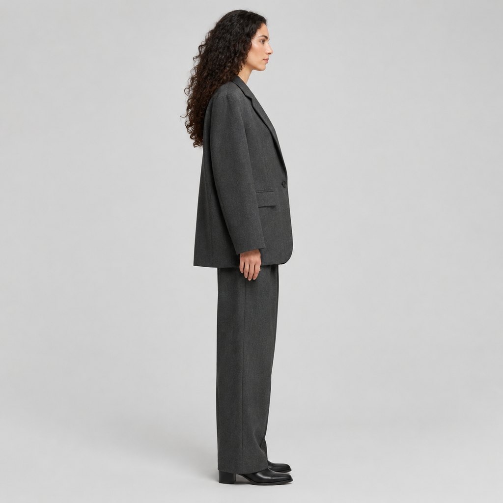 Oversized charcoal blazer worn by a model, front view — view 3