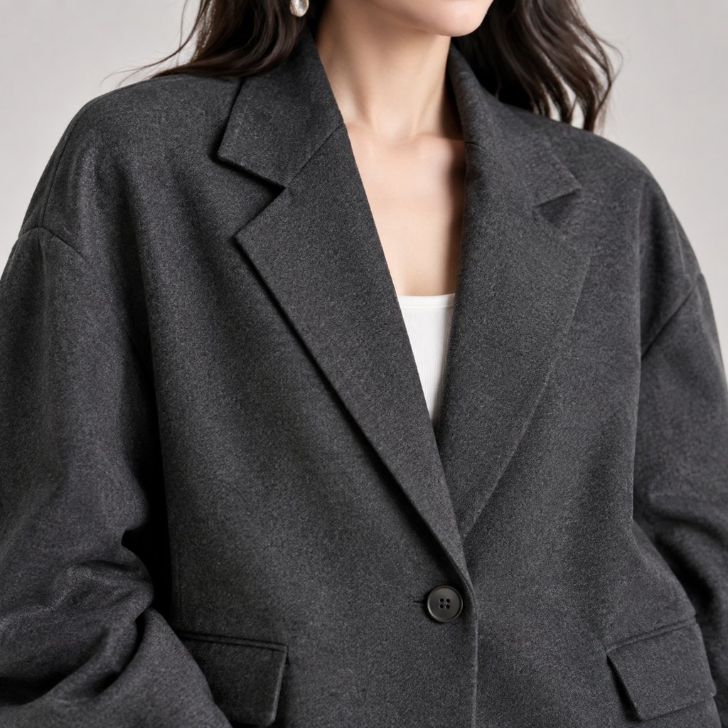Oversized charcoal blazer worn by a model, front view — view 5