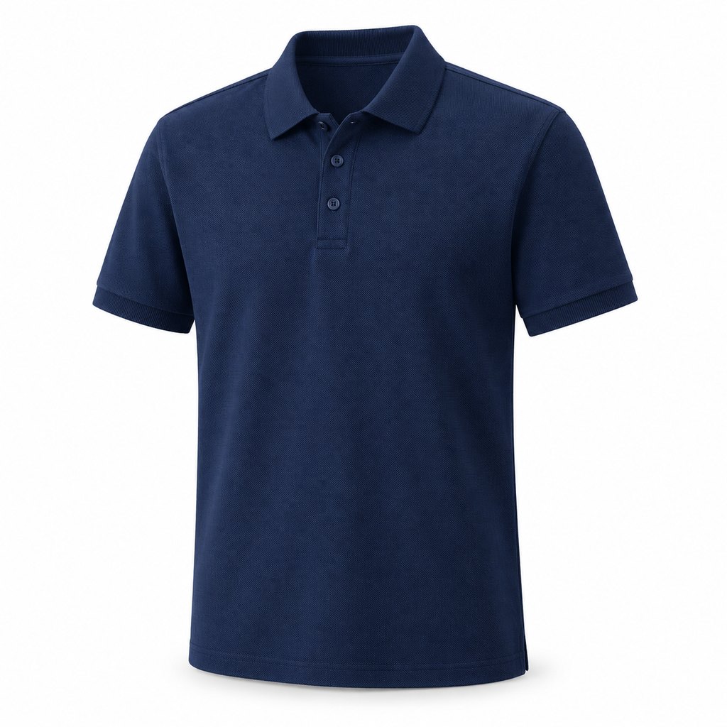 Navy cotton piqué polo shirt worn by a model, front view