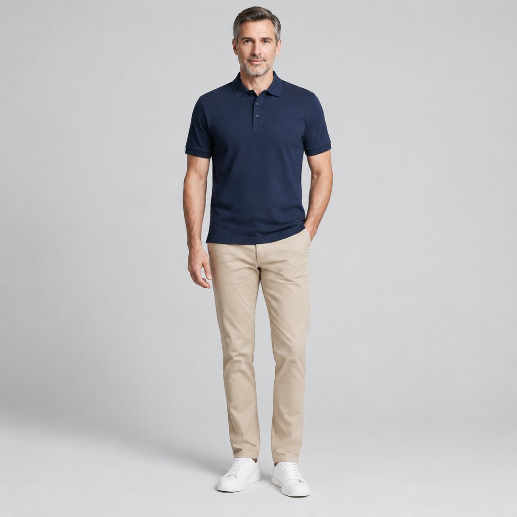 Navy cotton piqué polo shirt worn by a model, front view — view 2