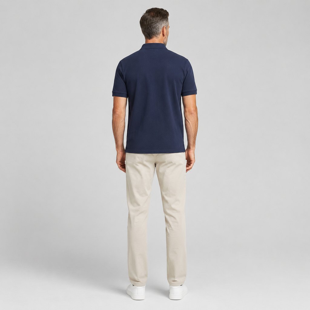Navy cotton piqué polo shirt worn by a model, front view — view 4