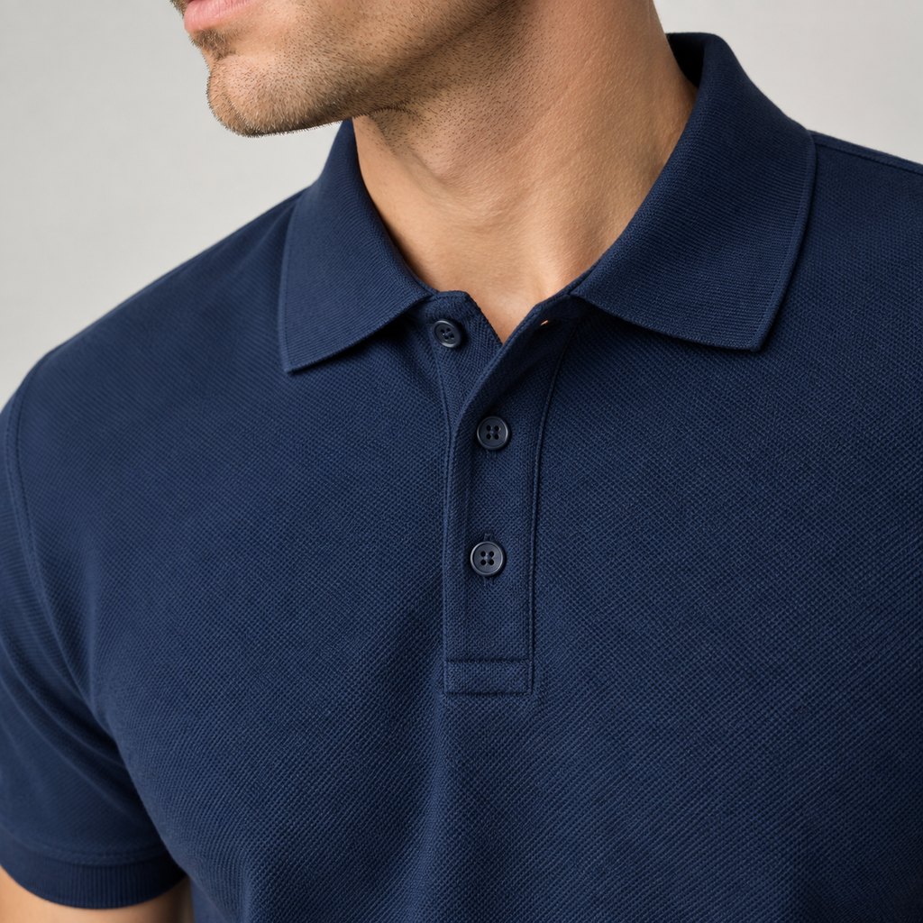 Navy cotton piqué polo shirt worn by a model, front view — view 5