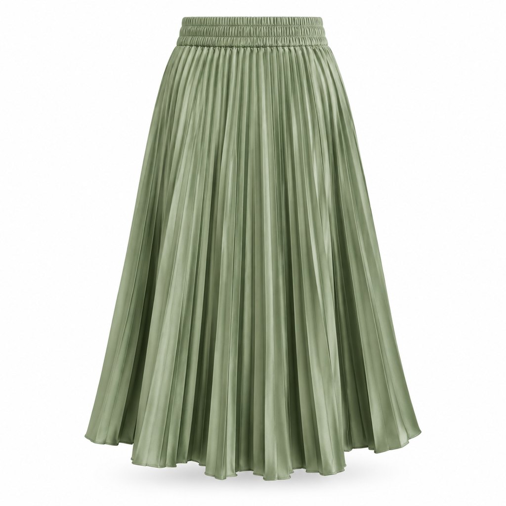 Sage green pleated midi skirt worn by a model, front view