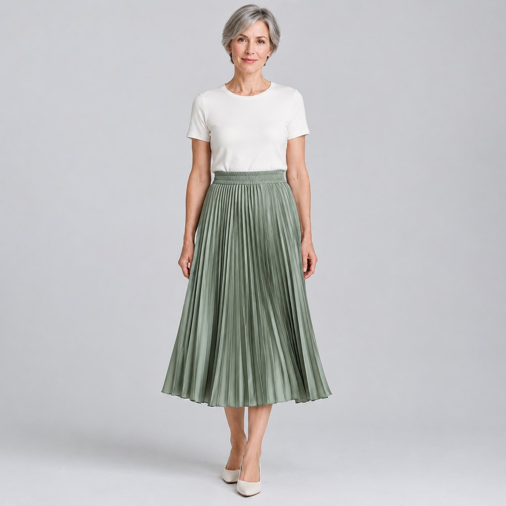 Sage green pleated midi skirt worn by a model, front view — view 2
