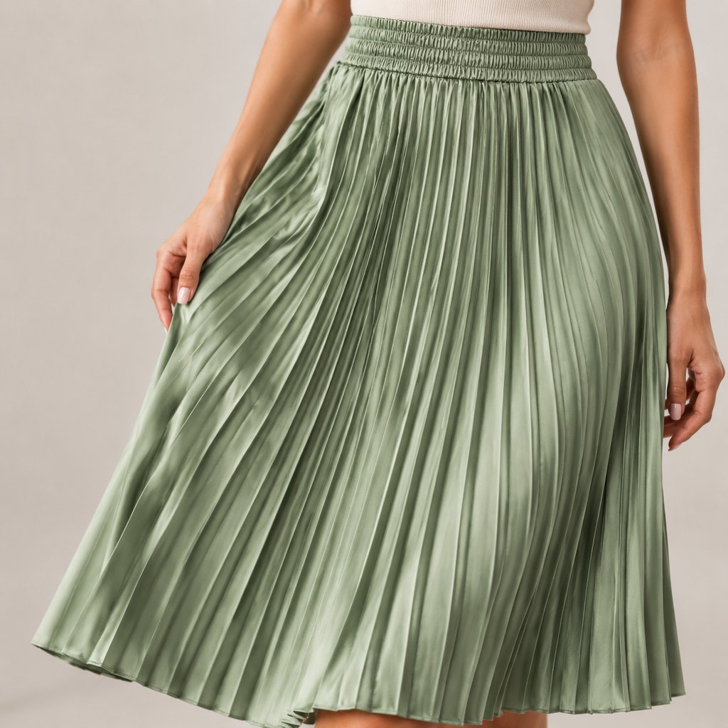 Sage green pleated midi skirt worn by a model, front view — view 5