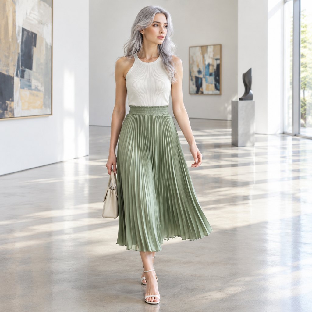 Sage green pleated midi skirt worn by a model, front view — view 6