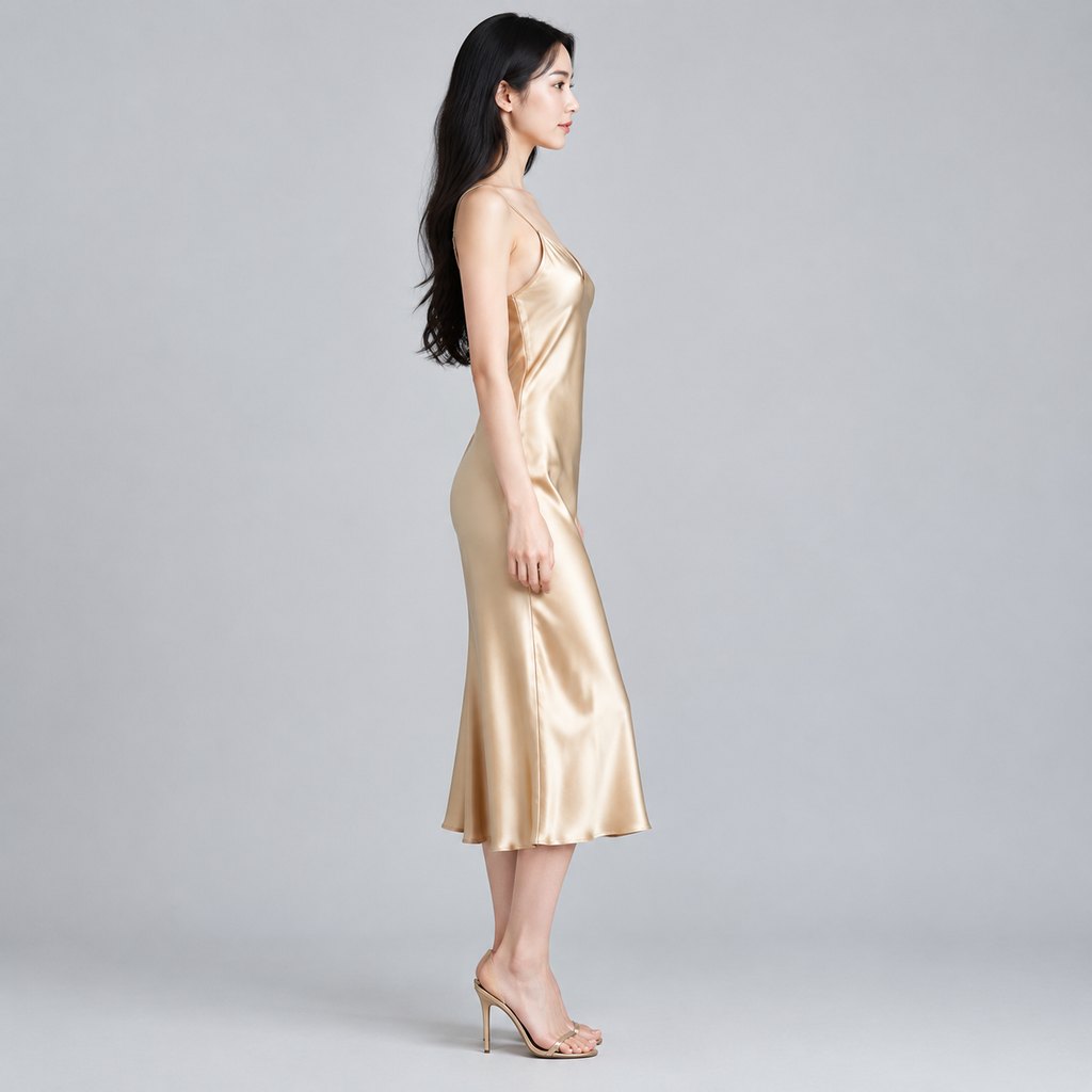 Champagne satin slip dress worn by a model, front view — view 3