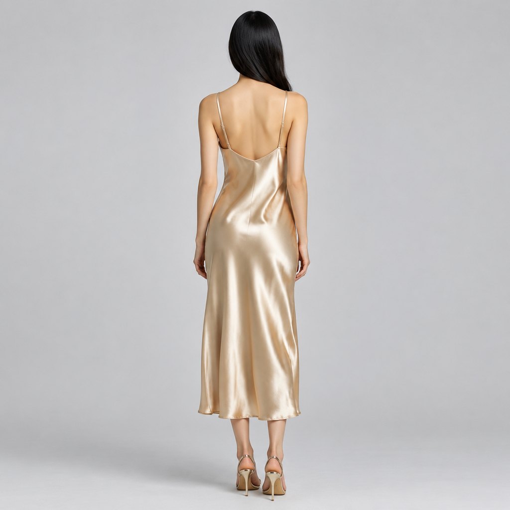 Champagne satin slip dress worn by a model, front view — view 4