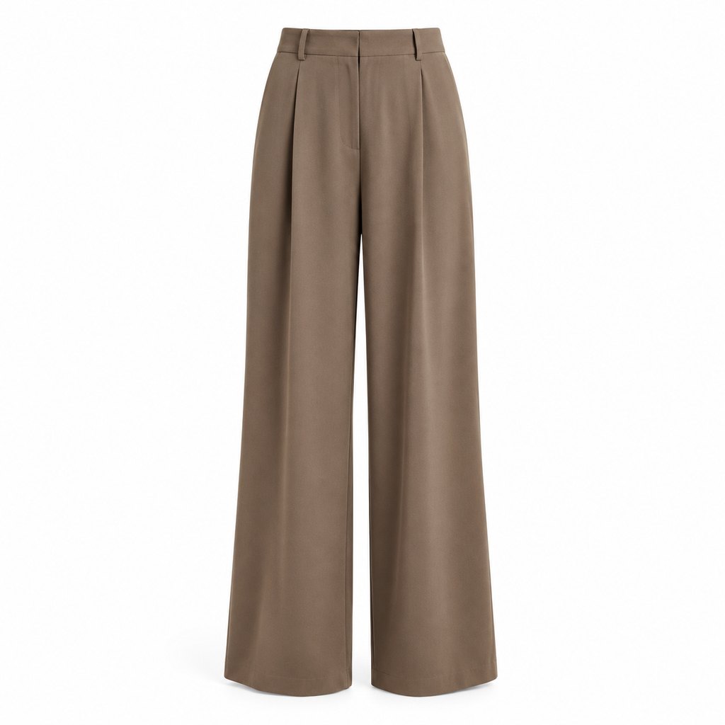 Taupe wide-leg crepe trousers worn by a model, front view
