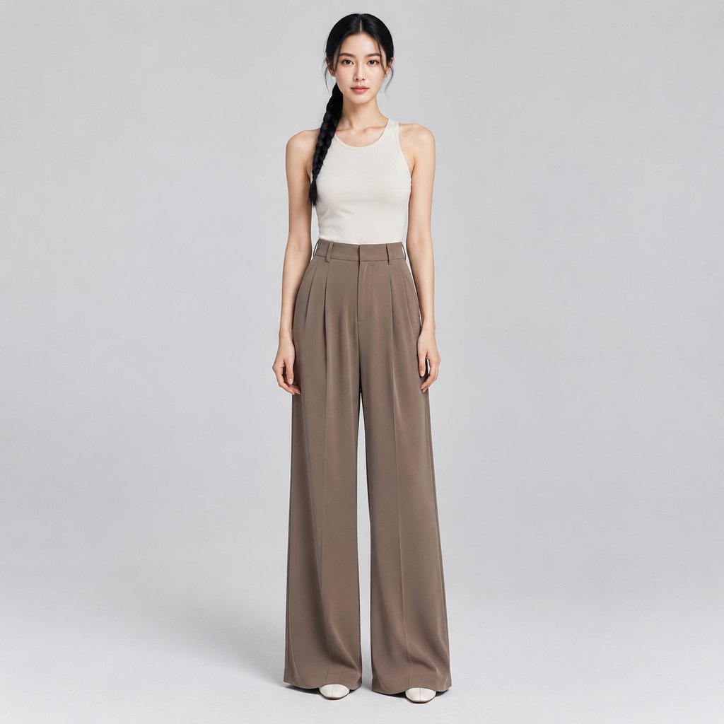 Taupe wide-leg crepe trousers worn by a model, front view — view 2