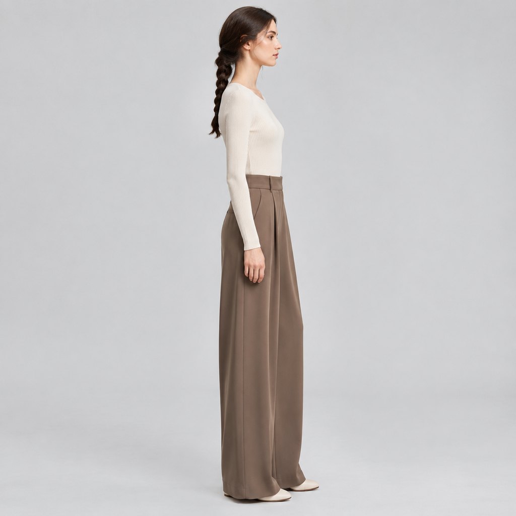 Taupe wide-leg crepe trousers worn by a model, front view — view 3