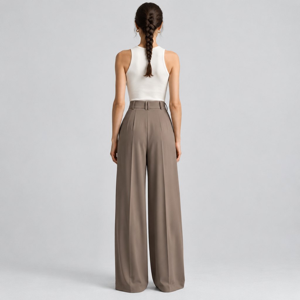 Taupe wide-leg crepe trousers worn by a model, front view — view 4