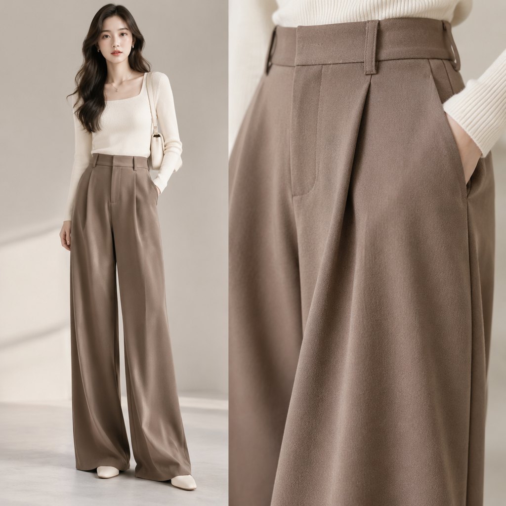 Taupe wide-leg crepe trousers worn by a model, front view — view 5