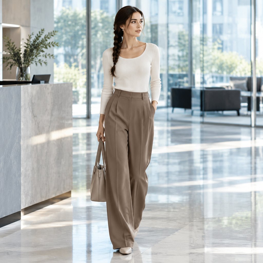 Taupe wide-leg crepe trousers worn by a model, front view — view 6